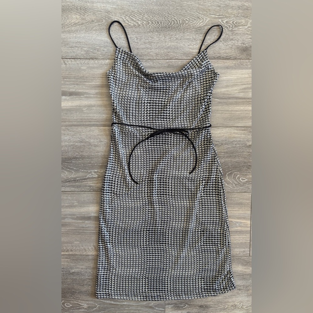 Vintage Jump Sequined Spaghetti Strap Black White Grey Mini Dress Medium